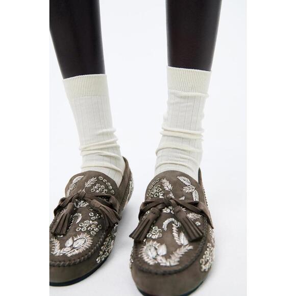 Zara Embroidered Loafers Olive Green 37 - Picture 1 of 7